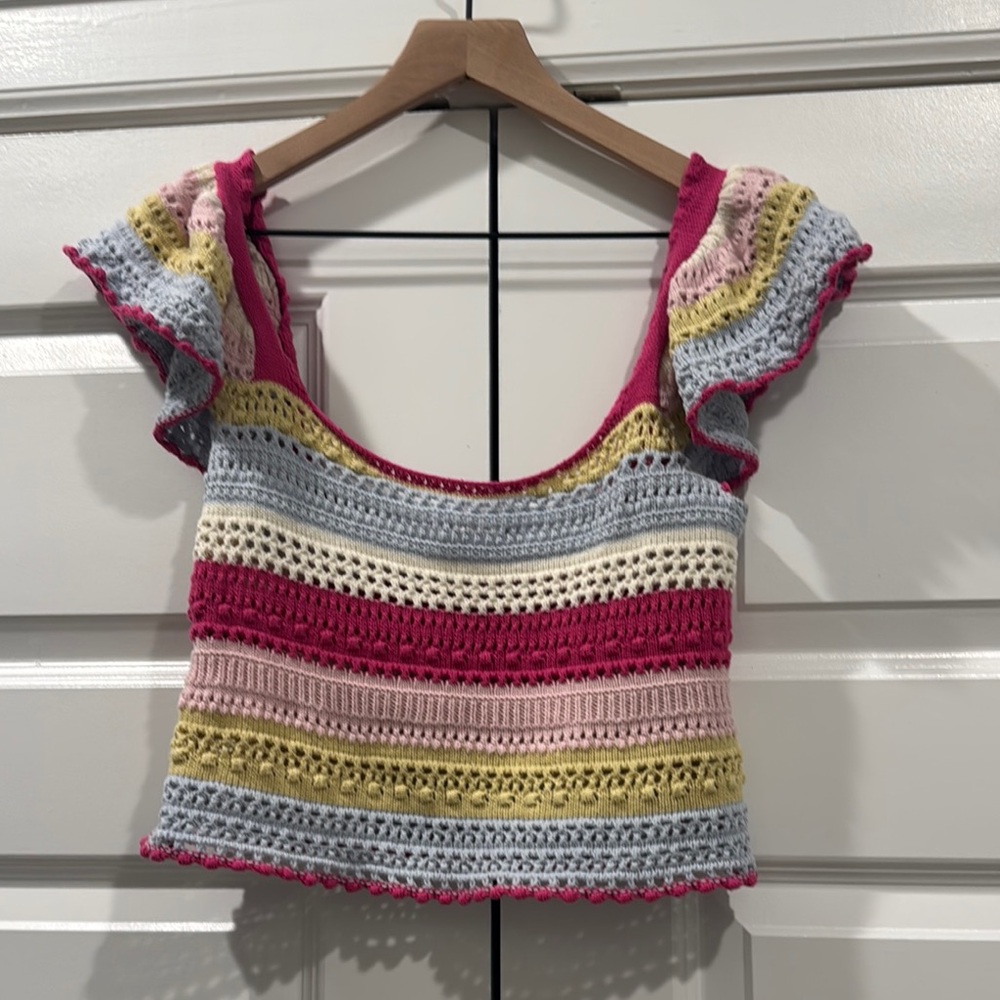 Sincerely Jules Pink Ruffled Cap Sleeve Crop Blouse